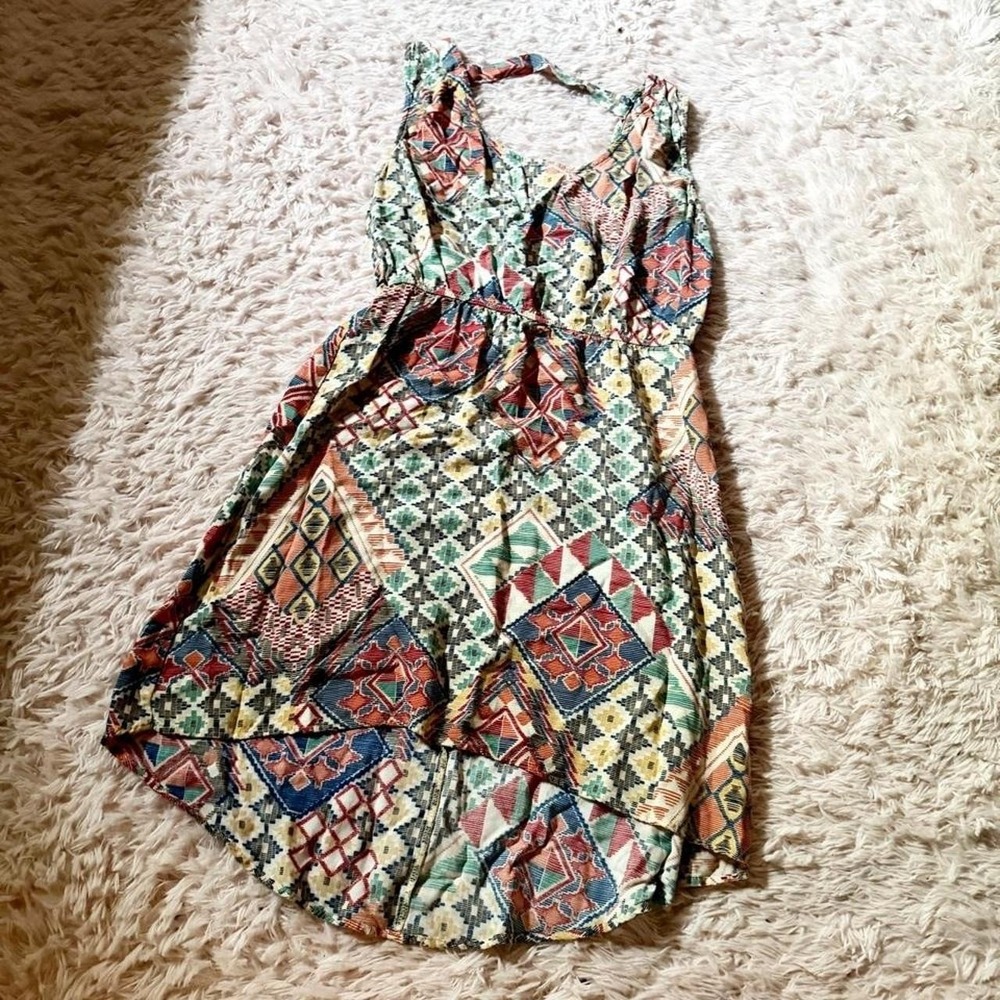 Patchwork Tribal Indie Artisan Casual Open Back Dress Womens M Hippie Granola